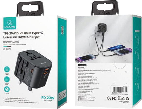 Usams Reiseadapter T59 – 52,7 × 54,8 mm, Schwarz, 2× USB-A, 1× USB-C, 20 W, für 2- und 3-polige Geräte