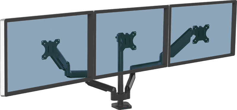 Fellowes Platinum – Monitorhalterung, 3 Monitore, Tischklemme, bis 27", VESA 75 × 75/100 × 100 mm, Schwarz