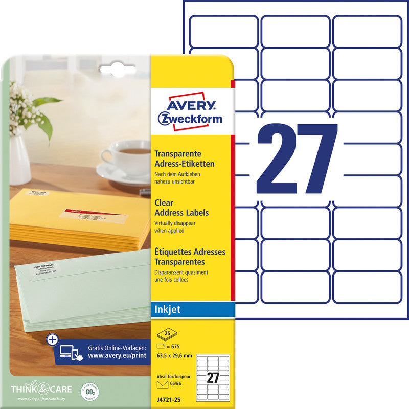 Avery Adress-Etiketten, 64 mm × 30 mm, transparent, Folie, permanent, 25 Blatt (675 Etiketten)