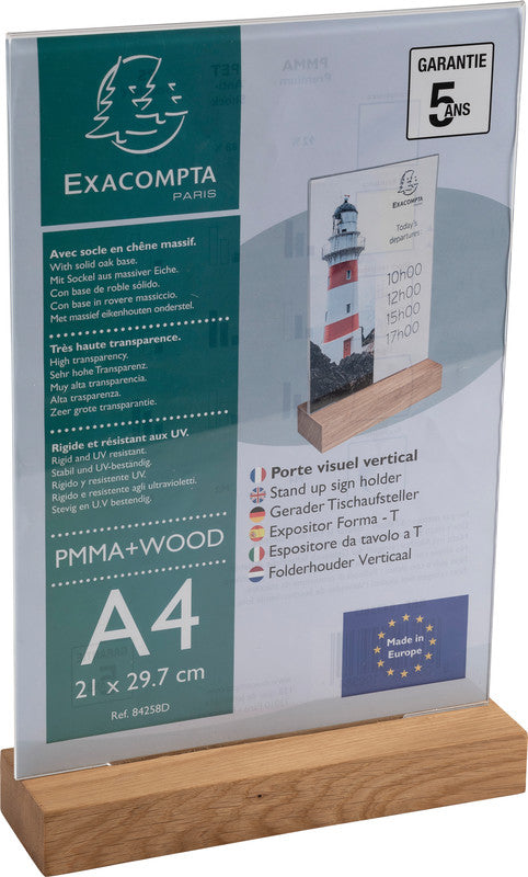 Exacompta Tischaufsteller 84258D – für A4 – 1 Fach – hoch – mit Eichenholzsockel – transparent – Eiche