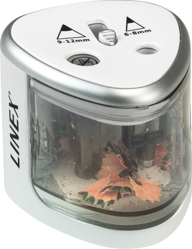Linex Spitzer – elektrisch, batteriebetrieben, mit Behälter, für Blei- & Buntstifte 6–12 mm, Kunststoff, weiss