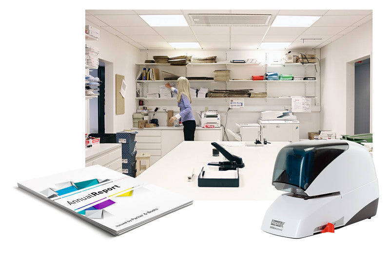 Rapid 5050e – Elektrischer Hefter, Flat-Clinch, verstellbarer Papieranschlag, Einlegetiefe 50 mm, Weiss