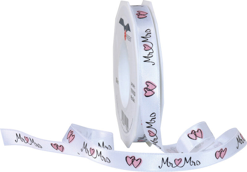Präsent Geschenkband – Mr & Mrs (Hochzeit) – 15 mm × 20 m – Weiss, Kunststoff