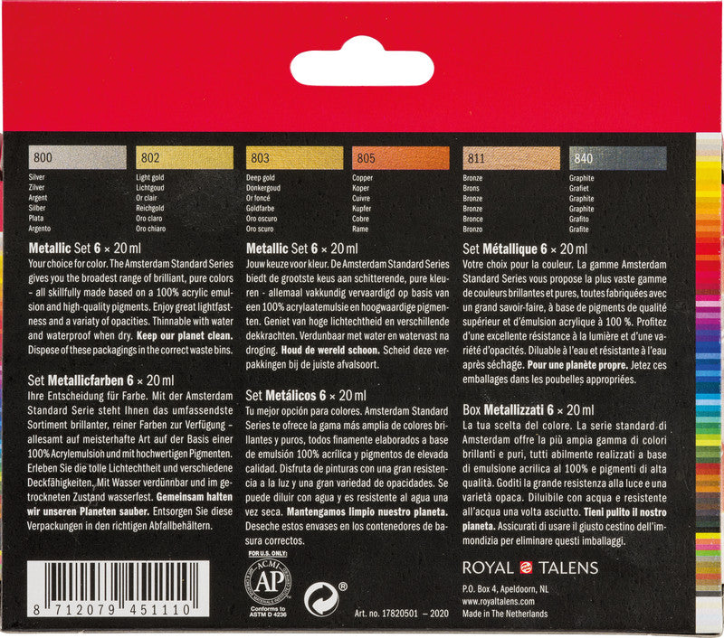 Royal Talens Amsterdam – Acryl Standard – Acrylfarbe – 6 Farben, metallic, 6 × 20 ml