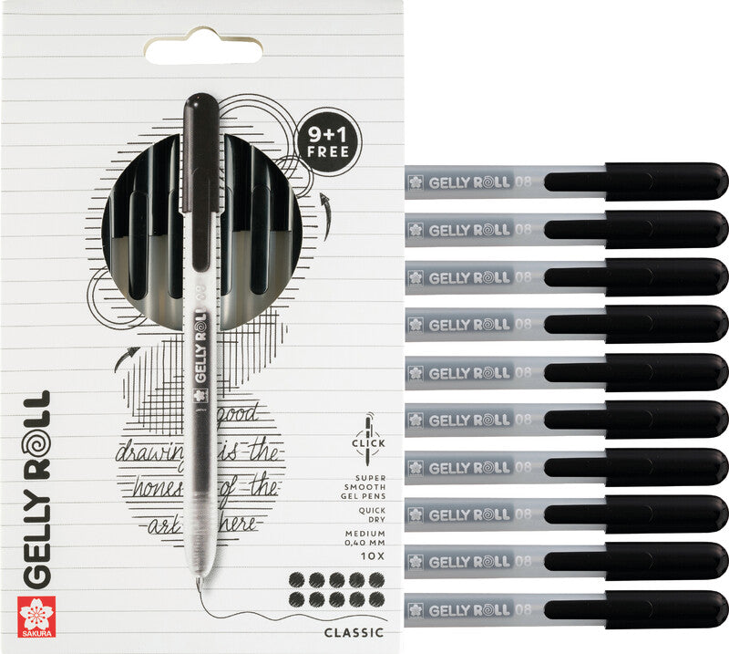 Sakura Gelly Clicker Gelschreiber 10er Etui – Schwarz, 0,4 mm, schnelltrocknend, für dunkles Papier, Kappe