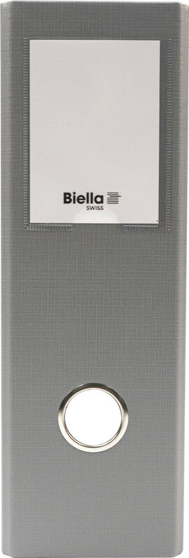 Biella Ordner – A4 quer – 2-Ring Hebelmechanik, Rücken 80 mm – grau, mit Niederhalter, mit Griffloch, FSC