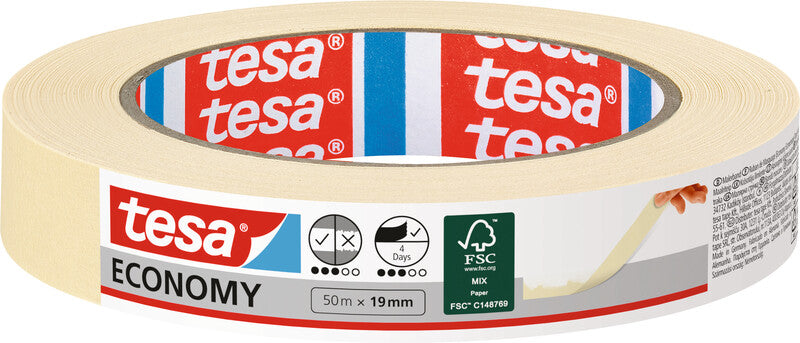 tesa Krepp-Abdeckband – 19 mm × 50 m, beige, für den Innenbereich, rückstandsfrei bis zu 3 Tagen