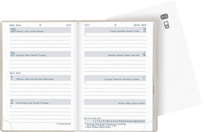 Biella Taschenagenda Agenda – 1 Woche/2 Seiten, gebunden, 7,6 × 11,0 cm, Jan–Dez, mehrsprachig, beige, FSC
