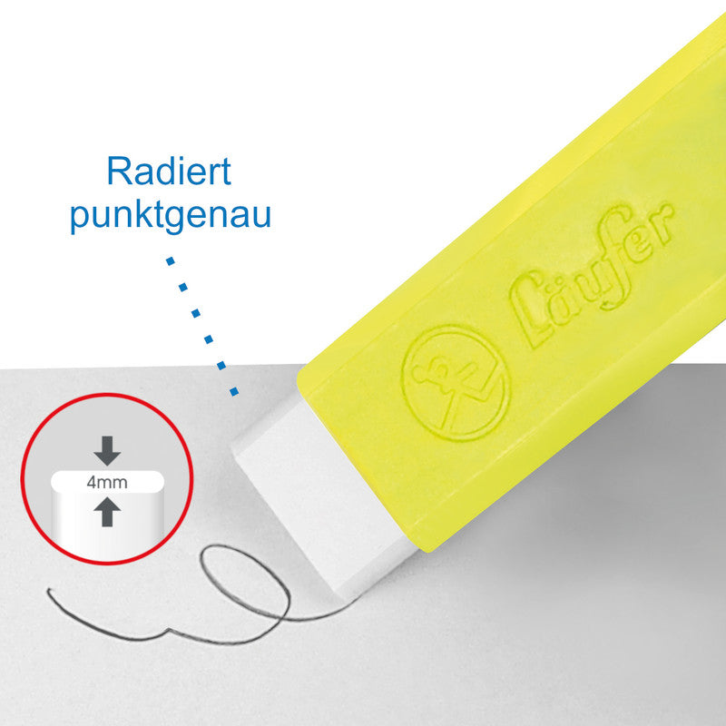 Laufer Radierer – für Bleistift und Farbstifte – 21 × 7 × 21 mm – Kunststoff – gelb