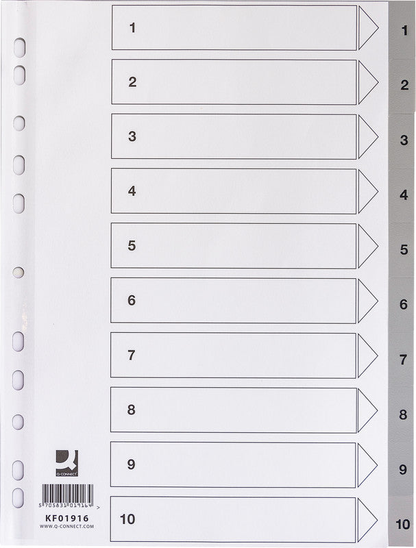 Q-Connect Register – A4, 10-teilig, PP, grau, vorgedruckt, mit Indexblatt, 11-fach gelocht