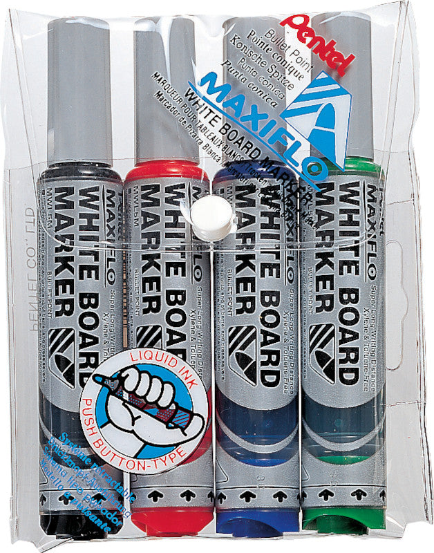Pentel Whiteboard-Marker Maxiflo MWL5M – Konische Spitze 6 mm – Sortiert – 4er-Set – Trocken abwischbar