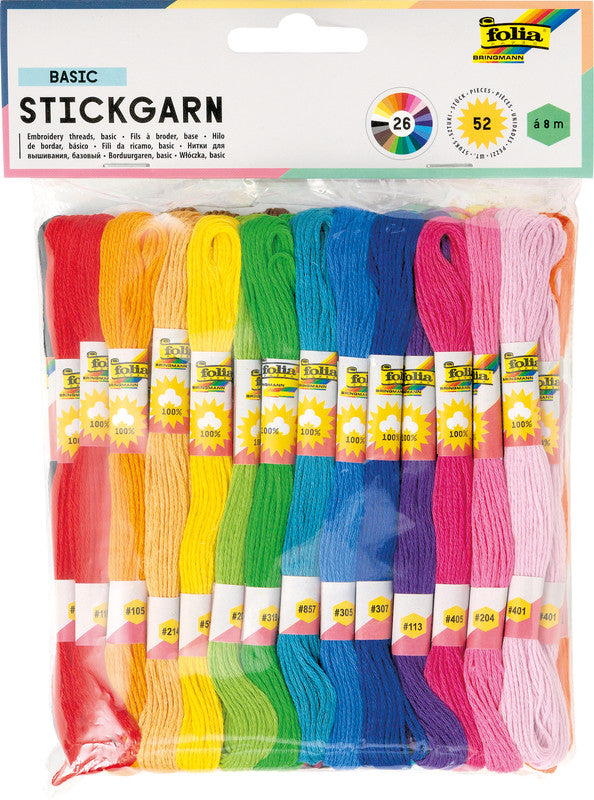Folia Stickgarn-Set – Baumwolle, mercerisiert, 8 m, sortiert (2 × 26 Farben) – für Sticken