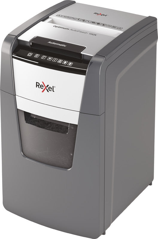 Rexel Optimum AutoFeed+ 150X – Aktenvernichter mit Autofeed 150 Blatt, DIN P-4, Partikelschnitt 4 × 28 mm, 44
