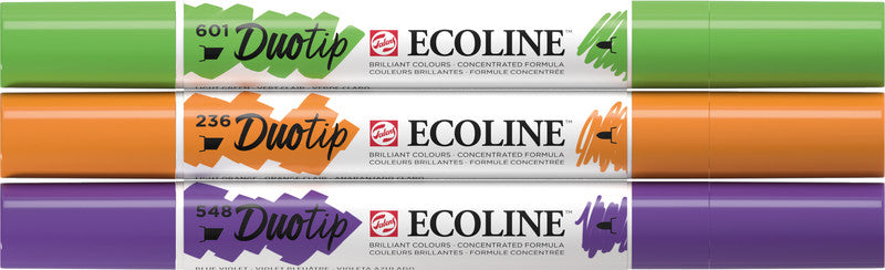 Ecoline Brush Pen Duotip – Keilspitze 6 mm, Rundspitze 1-2 mm – 3er-Set – sortiert – wasservermalbar