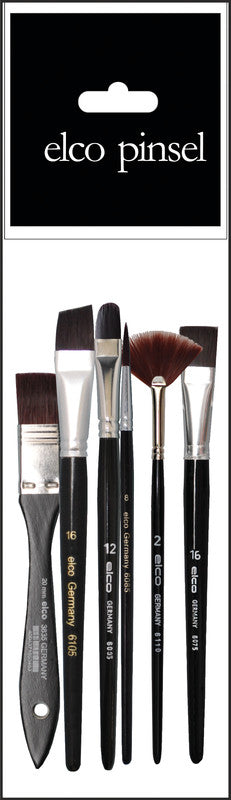 Elco Pinsel Set – sortiert, Synthetikbesatz, 6er-Pack, Aluminiumzwinge, für Acryl- und Temperafarben