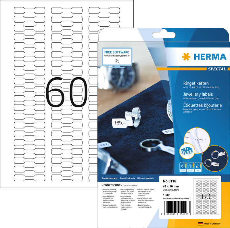 HERMA Ringetiketten – Spezialstanzung 49 × 10 mm, permanent, weiss, A4, 25 Blatt (1'500 Stk.)