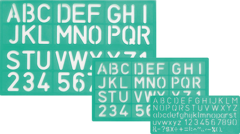 Linex Schriftschablone – Zeichenhöhe 10/20/30 mm, Kunststoff, grün, 3-teiliges Set, mit Tuschenoppen