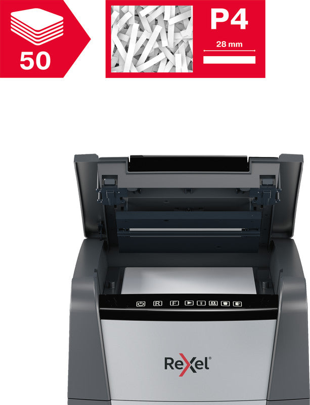 Rexel Optimum AutoFeed+ 50X – Aktenvernichter mit Autofeed 50 Blatt, DIN P-4, Partikelschnitt 4 × 28 mm, 20 l