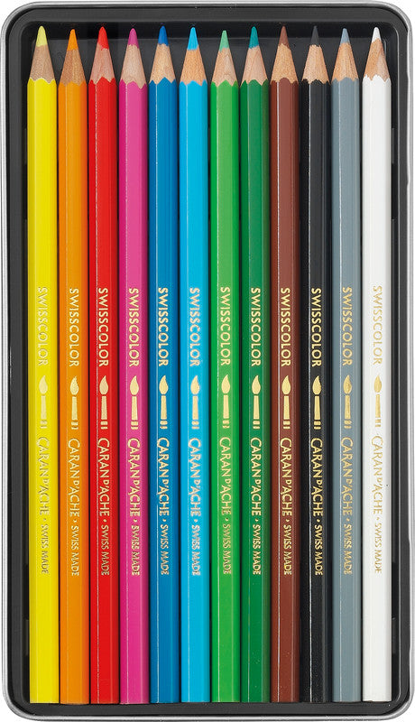 Caran d-Ache Caran d'Ache Aquarellfarbstifte Swisscolor Aquarelle – 12 Farben, im Metalletui, Ø 2,8 mm, FSC