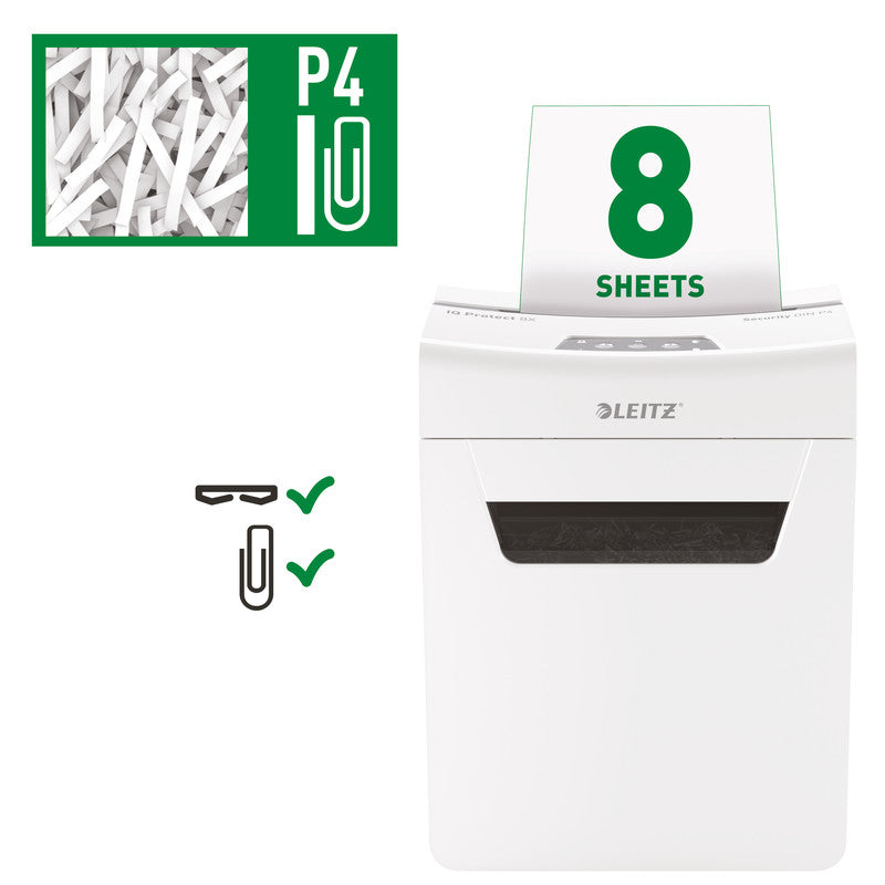 Leitz IQ 8X Protect Premium – Aktenvernichter, DIN P-4, Partikelschnitt 4 × 28 mm, 8 Blatt, 14 l, A4