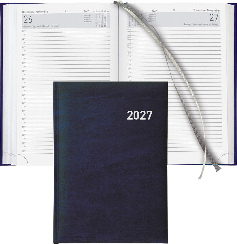 Biella Executive Agenda – 1 Tag pro Seite, gebunden, 14,5 × 20,5 cm, 2027, 1/2-Stunden-Takt, Dunkelblau, FSC