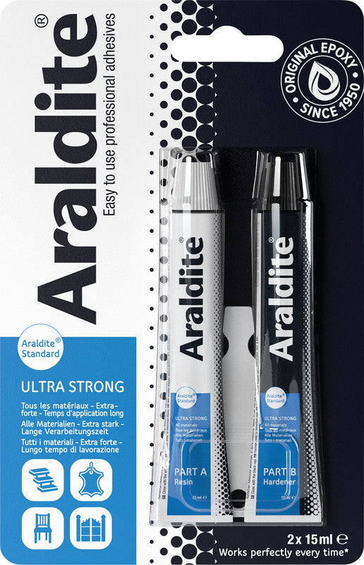 Go-Araldite Araldite Standard 2K-Kleber – lösungsmittelfrei, wasserfest, für Metall, Holz, Glas, 2×15 ml, −30 bis +65 °C