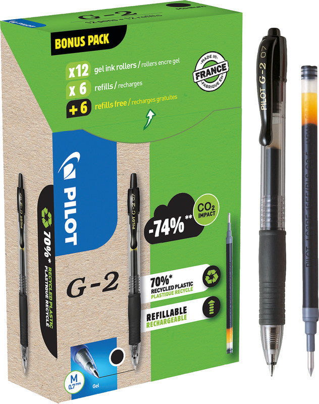 Pilot G-2 Gelschreiber – Schwarz, 0,7 mm, Druck, Nachfüllbar