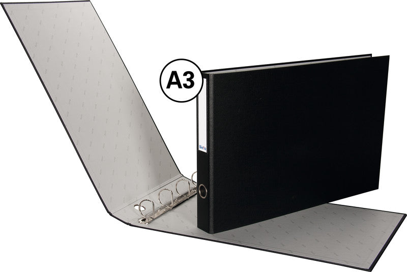 Biella Zeigebuch – A3 quer – 4-Ring Bügelmechanik, Ø 35 mm, Rücken 40 mm – Schwarz, mit Niederhalter, FSC