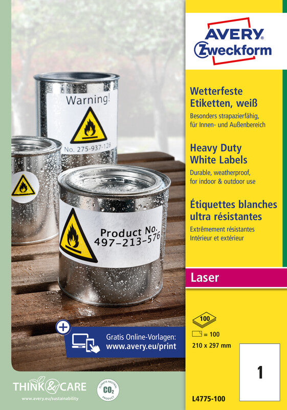 Avery Selbstklebende Etiketten, 210 mm × 297 mm, weiss, Folie, extra stark, 100 Blatt
