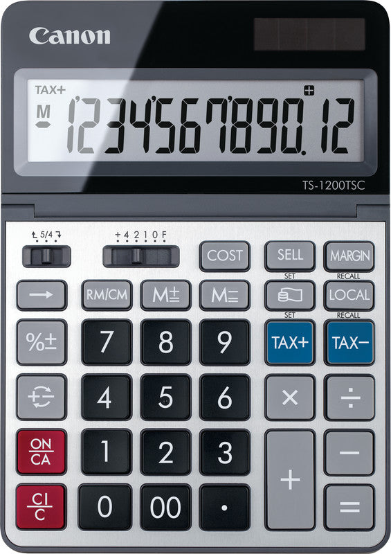 Canon Tischrechner – 12-stellig, LCD, Steuer/Währung, Solar + Batterie, Schwarz/Silber