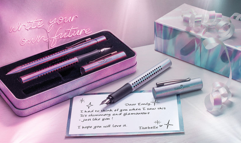 Faber-Castell Grip Edition Glam Schreibset – Kugelschreiber XB & Füllfederhalter M – Blau – Metalletui – 2-teilig