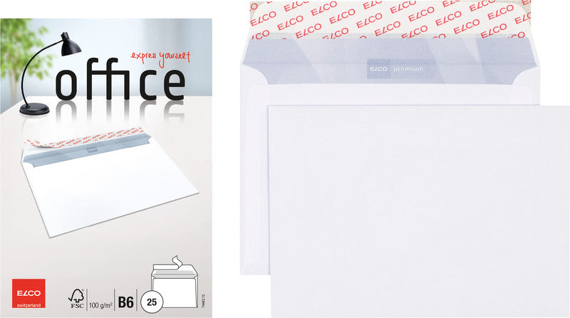 Elco Couvert B6 (176 × 125 mm), ohne Fenster, selbstklebend (Optifix), hochweiss, 100 g/m², Papier – 25 Stk.