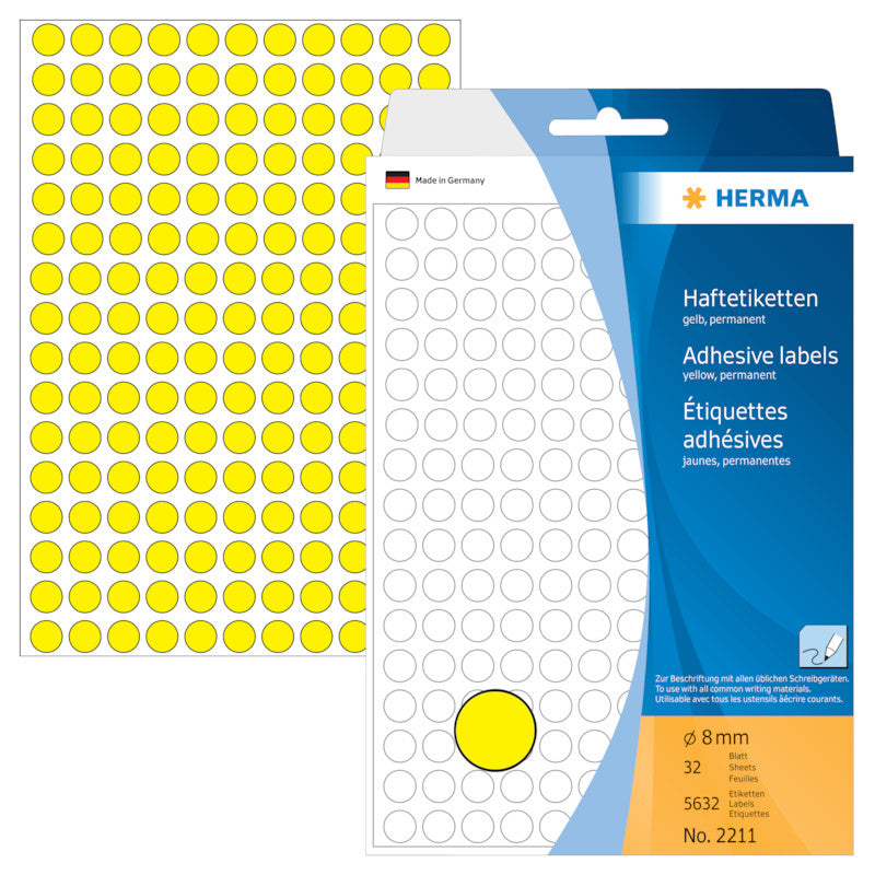 HERMA Haftetiketten – rund Ø 8 mm, permanent, gelb, Bogen 111 × 170 mm, 32 Blätter (5'632 Stk.)