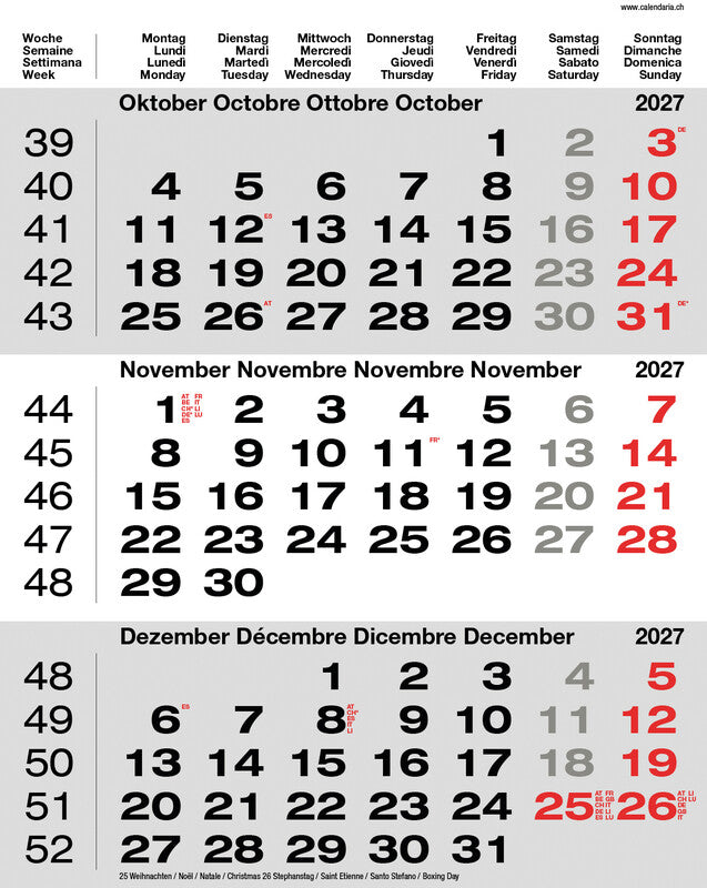 Calendaria 3-Monats-Kalender, 3 Monate pro Seite, 2027, 31 × 40 cm, d/f/i/gb, Spiralbindung, mit Datumsschieber