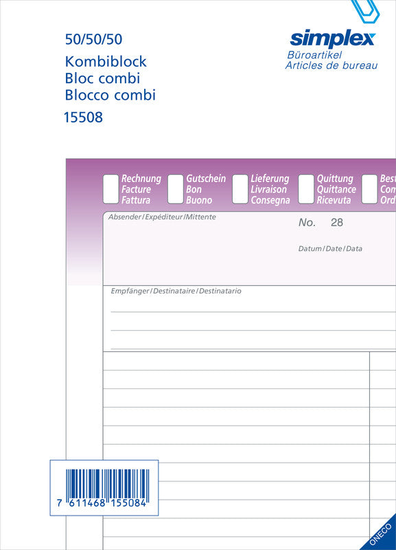 Simplex Formularblock 3-fach – Mehrzweck, mehrsprachig, 50 Blatt, A5, Karton