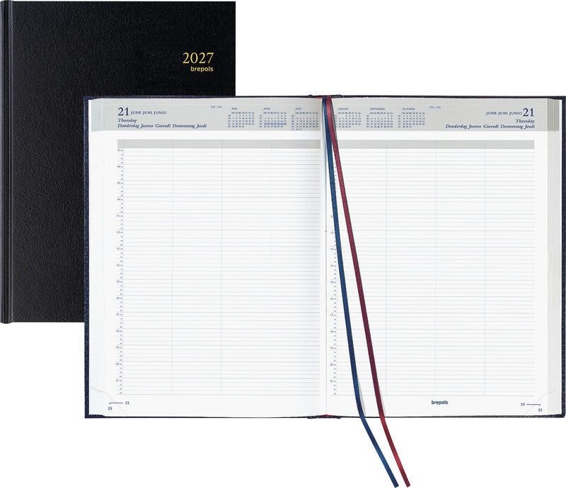 Brepols Bremax 2 Agenda – 1 Tag/2 Seiten, gebunden, 21,0 × 29,0 cm, 2027, 1/4-Stunden-Takt, schwarz, FSC