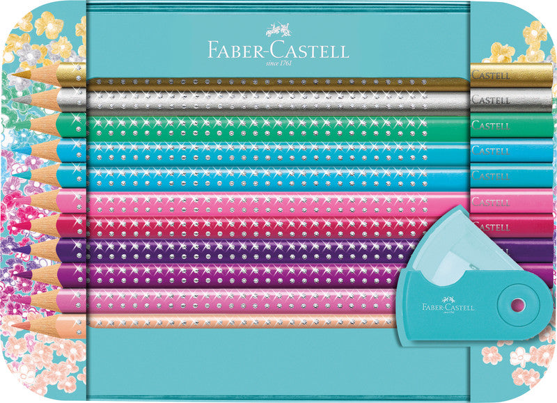 Faber-Castell Aquarellfarbstifte Grip Sparkle – 20 Farben, im Metalletui, mit Spitzer, Ø 3 mm, dreikantig, FSC