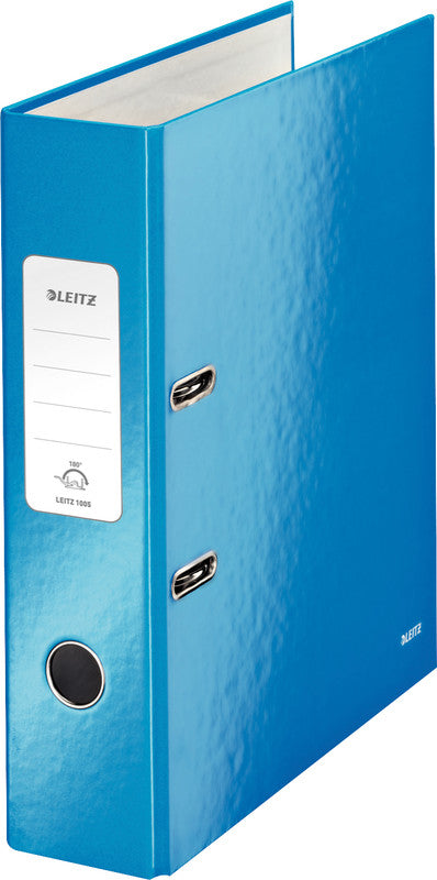 Leitz Ordner – A4 hoch – 2-Ring Hebelmechanik, Rücken 80 mm – blau, mit Niederhalter, mit Griffloch, FSC