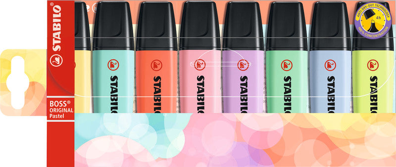 STABILO BOSS Original Textmarker Set 8 Farben Pastell – Keilspitze, 2–5 mm