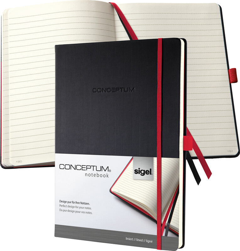 Sigel Notizbuch A4, liniert, Fadenheftung, 194 Seiten, 80 g/m² – schwarz