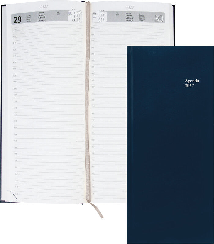 Simplex Agenda – 1 Tag pro Seite, gebunden, 13,5 × 31,5 cm, 2027, 1/2-Stunden-Takt, mehrsprachig, blau, FSC