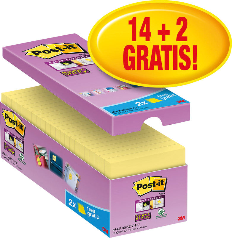 Post-it Haftnotizen Super Sticky – 76×76 mm – gelb, 16×90 Blatt, PEFC