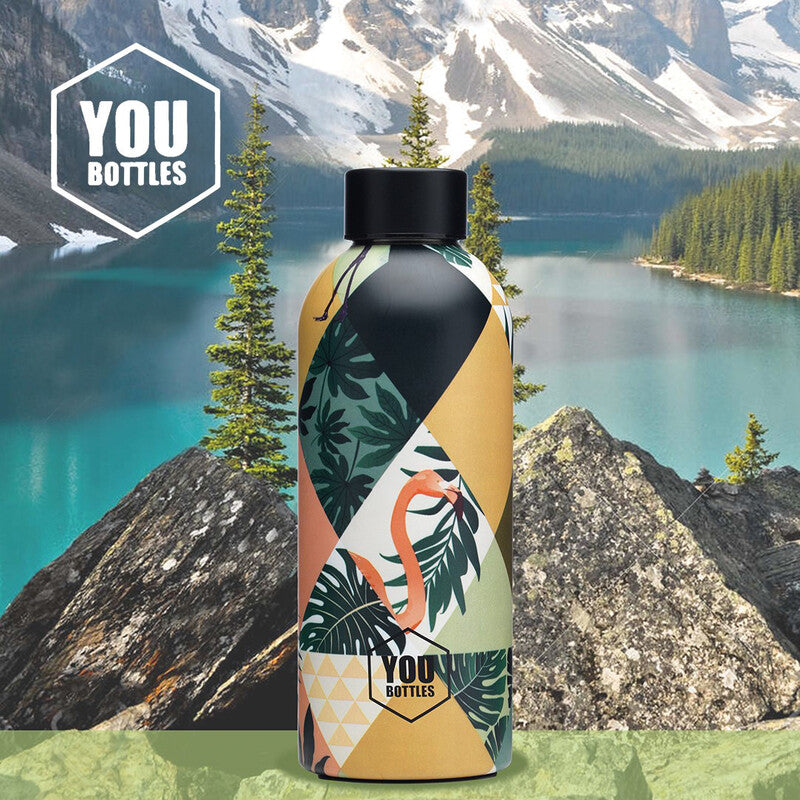Youbottles Trinkflasche Dual – 0.5 L – Edelstahl, isoliert, Schraubverschluss – Geometrische Flamingos