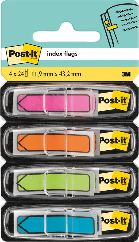 Post-it Schmale Indexstreifen – 11,9×43,2 mm – sortiert, 4×24 Stück, mit Dispenser