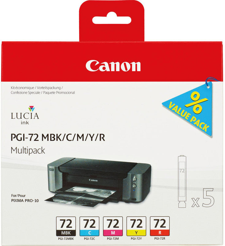 Canon Tintenpatronen-Multipack PGI-72 (MBK/C/M/Y/R), 5er-Pack – für Canon-Drucker