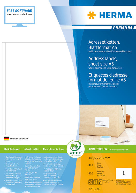 HERMA Drucketiketten, 149 mm × 205 mm, weiss, Papier, permanent, 400 Blatt