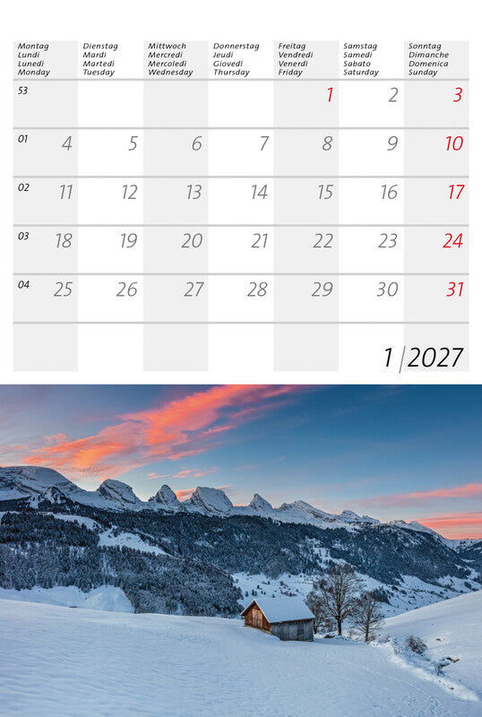 Calendaria Kleiner Schweizer – Bildkalender Schweiz 2027 – 14,8 × 22 cm – Kalendarium d/f/i/e – 12 Postkarten