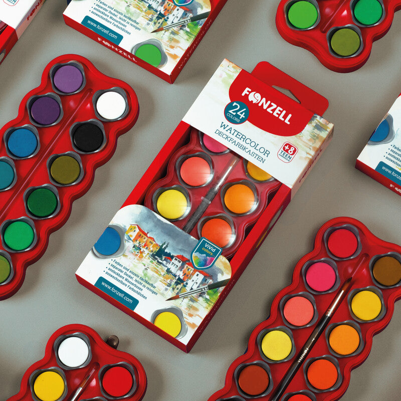 Fonzell Deckfarbkasten – 24 Farben, sortiert, mit Pinsel
