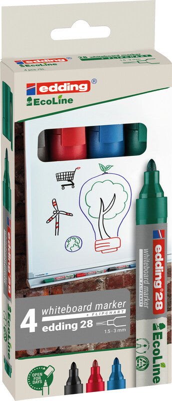 Edding Whiteboard-Marker 28 EcoLine – Rundspitze 1,5-3 mm – Sortiert – 4er-Set – Trocken abwischbar