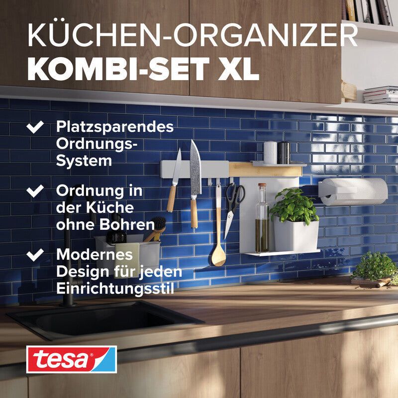 TESA Küchenorganizer-Set Kombi-Set XL – für Küchenreling – 86,5 × 34 × 14 cm – sortiert